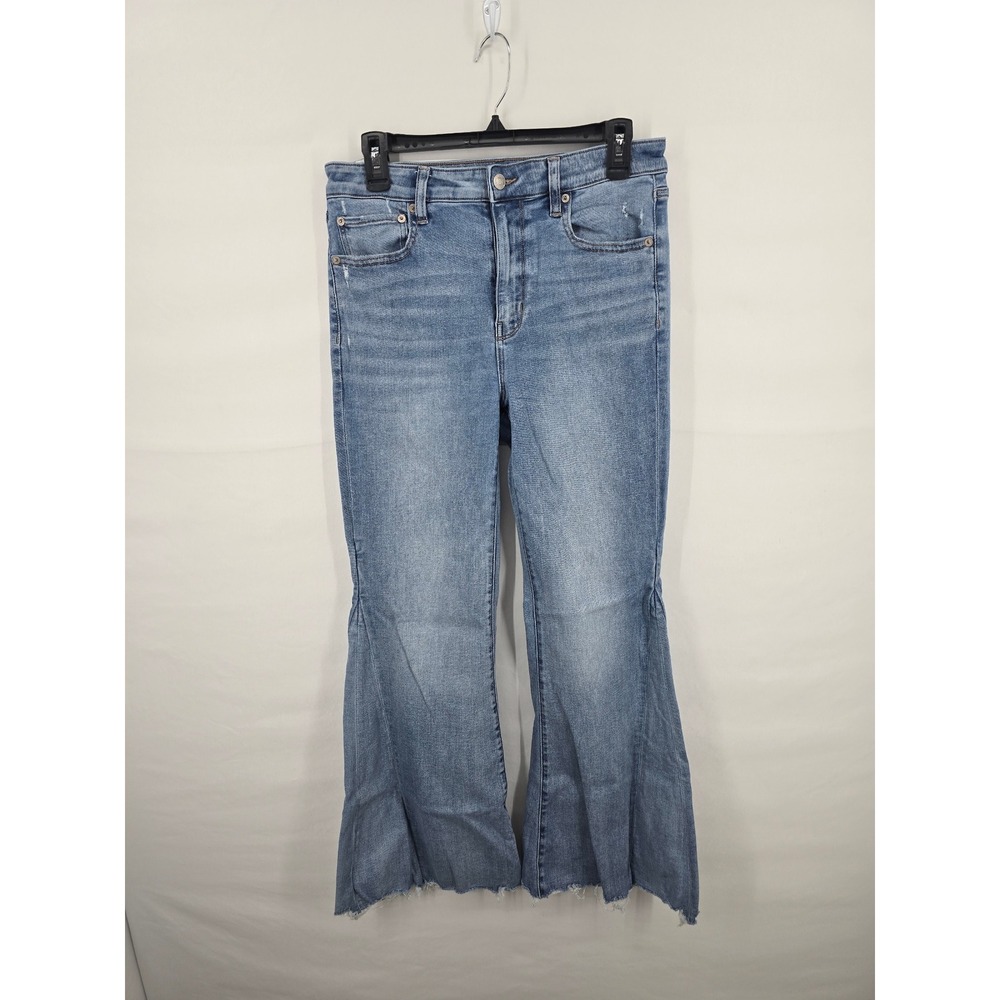 American Eagle High Waisted Flare Jeans Medium Wash Raw Hem Size 12 Regular
